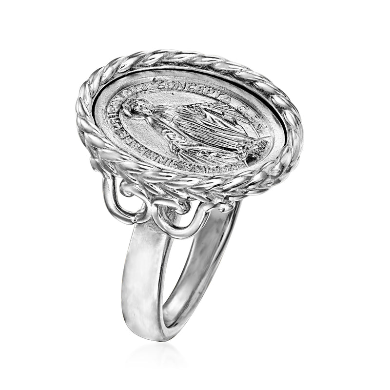 Sterling silver oval miraculous medal ring side view with braided frame and scalloped rim