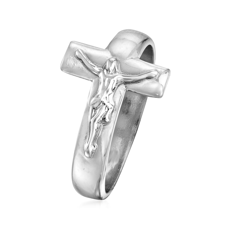Sterling silver crucifix ring, side view with raised cross detail