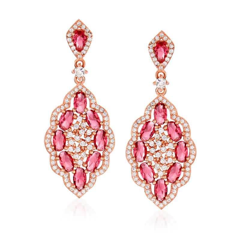 Rose gold pink-stone drop earrings with clear CZ halos