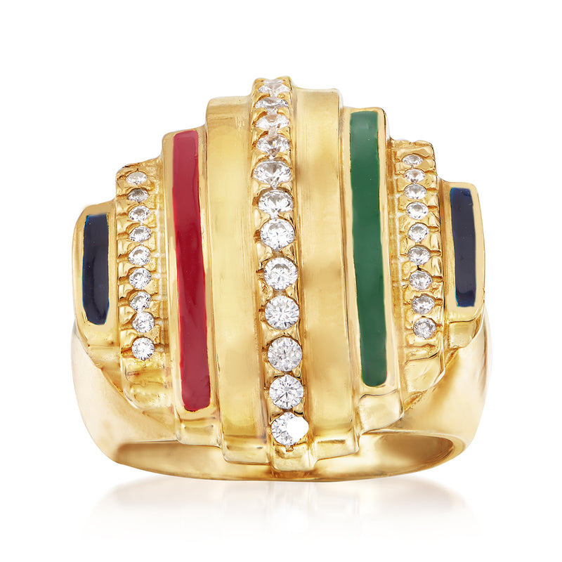 Multicolored enamel band ring in 18kt yellow gold over sterling silver with clear CZ stones