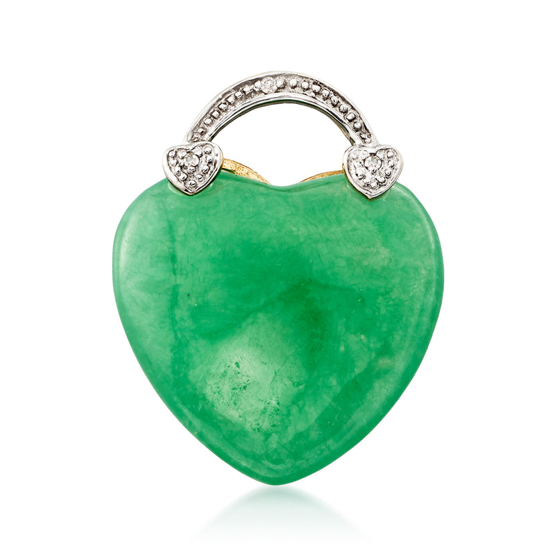 Heart-shaped green jade pendant with gold-tone loop and diamond accents