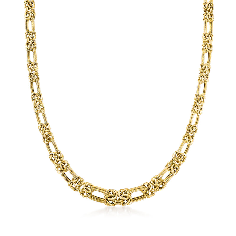 14kt yellow gold Byzantine double-link necklace, flat curb-style chain links
