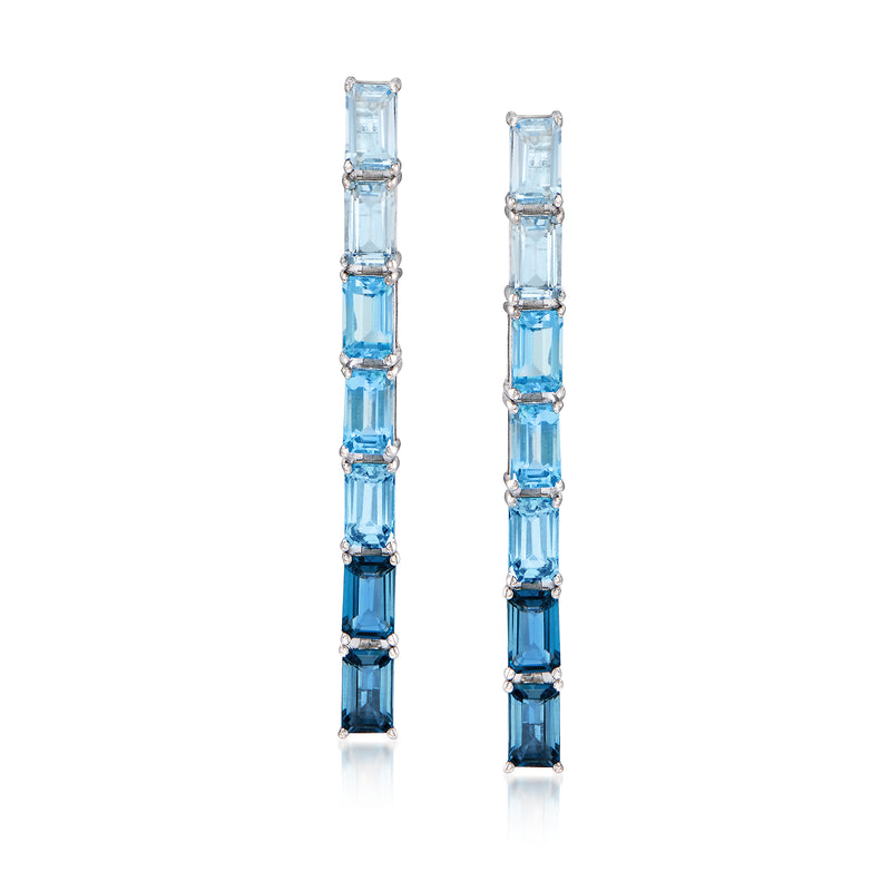 Sterling silver ombre blue topaz drop earrings, baguette stone vertical design