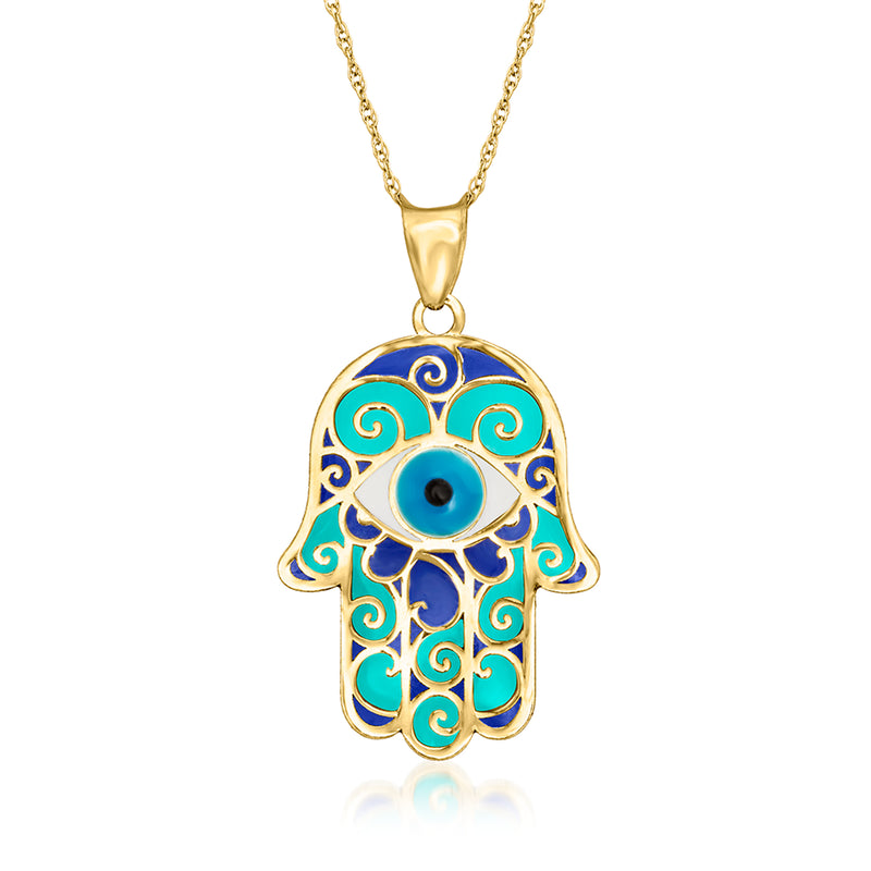 14kt yellow gold hamsa pendant necklace with blue enamel and green accents