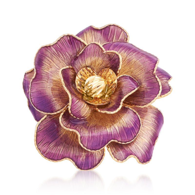 14kt yellow gold enamel flower ring with purple petals and gold center