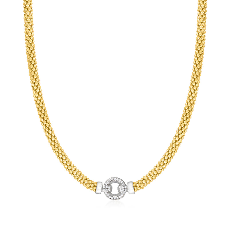 Two-tone sterling CZ circle popcorn-chain necklace with round pave pendant and lobster clasp