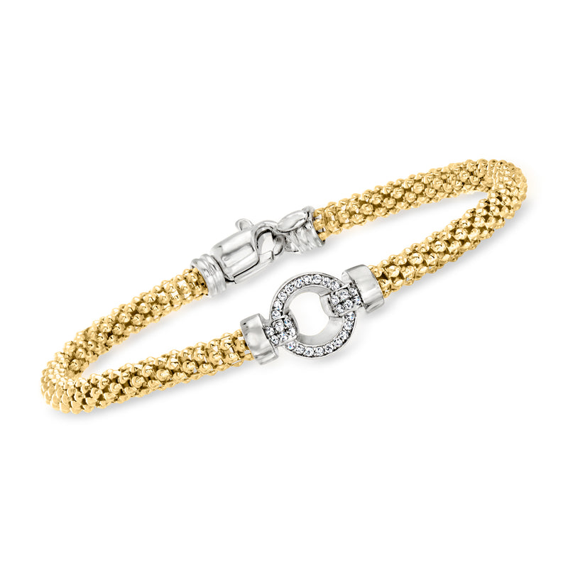 Sterling silver popcorn-link bracelet with 18kt gold overlay and CZ open-circle clasp