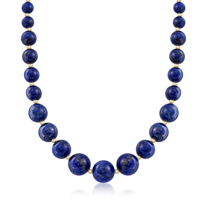 Graduated lapis necklace with round blue stones and 14kt yellow gold beads