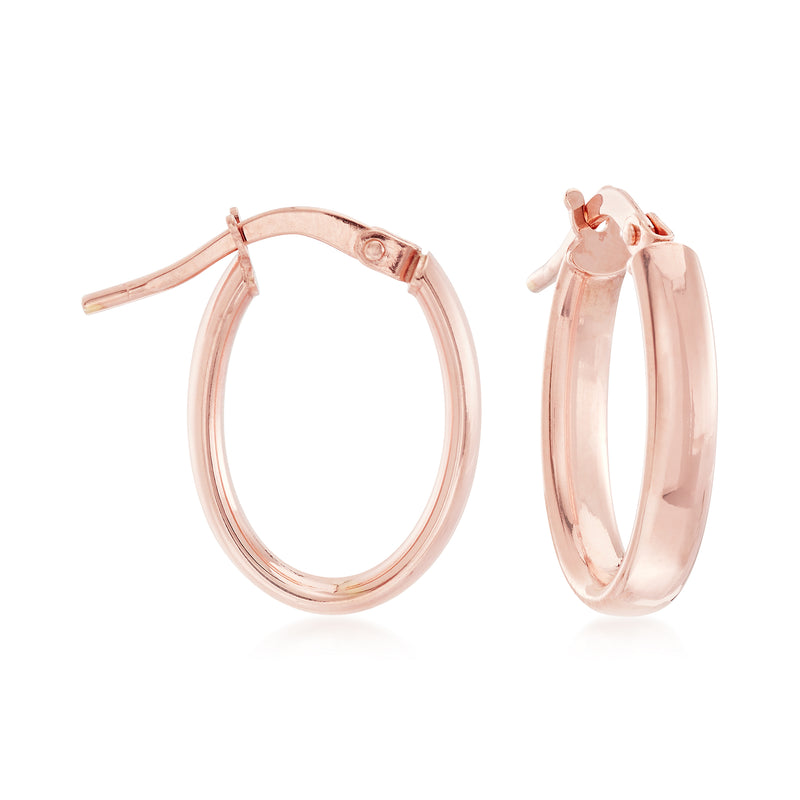 Oval 14kt rose gold hoop earrings, polished oval hoops with hinge clasp