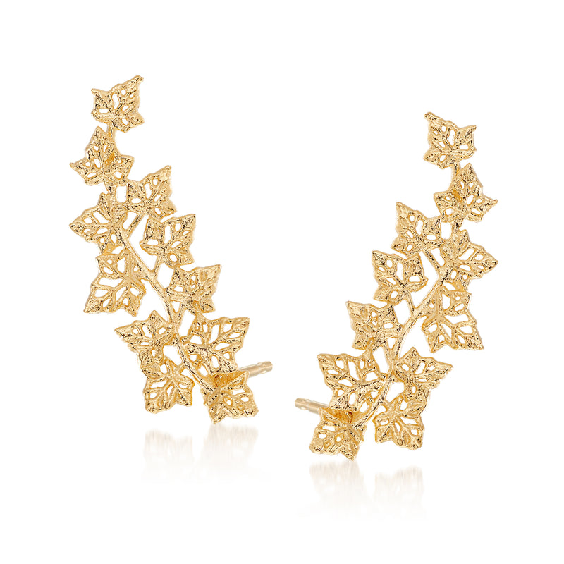 14kt yellow gold leaf climber post earrings with openwork lattice