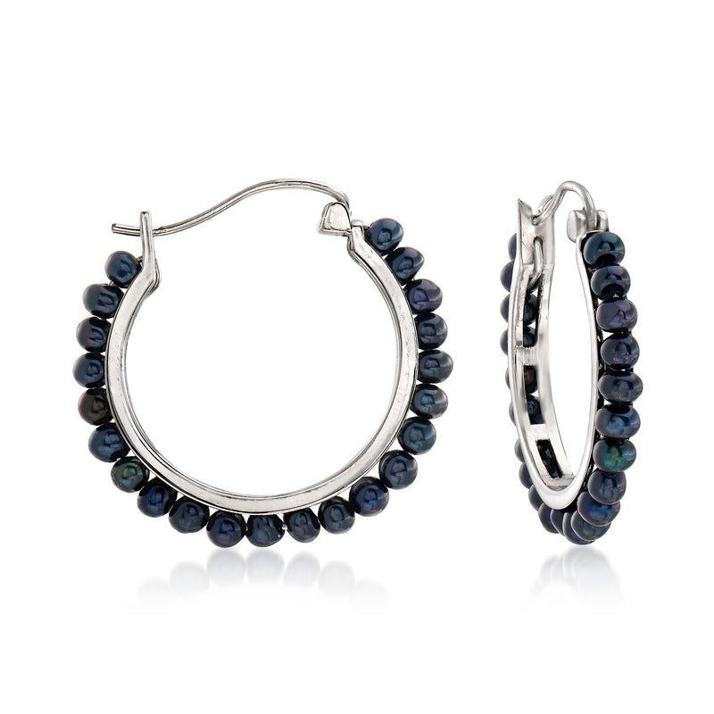 Sterling silver hoop earrings with dark cultured pearl beaded fringe