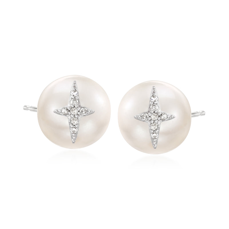 Sterling silver cultured pearl stud earrings with diamond star-shaped settings