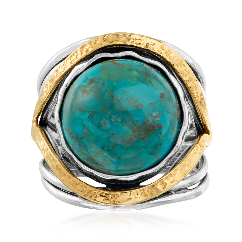 Turquoise gemstone ring with sterling silver bands and 14kt yellow gold openwork frame