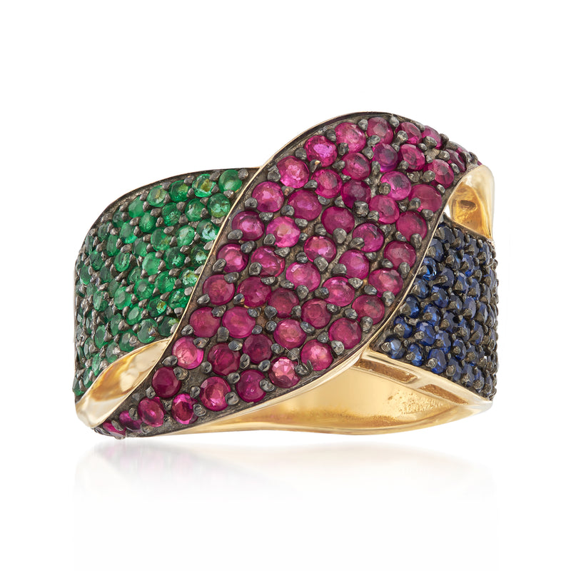 Multi-gem ring with green, pink, and blue stones in gold over sterling