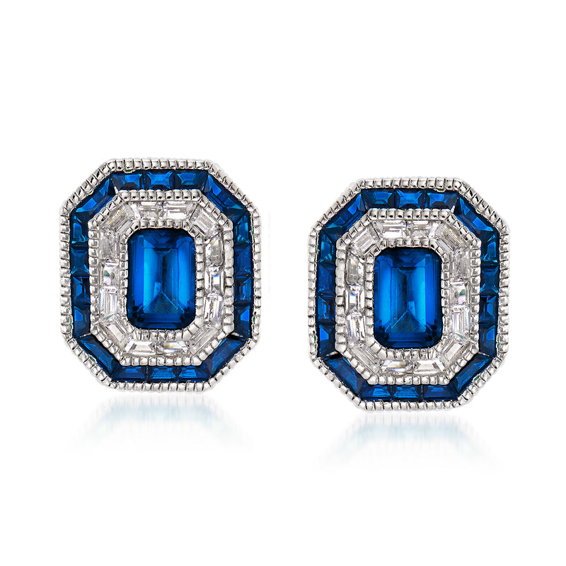 Sterling silver stud earrings with blue simulated sapphire-style and clear CZ halo