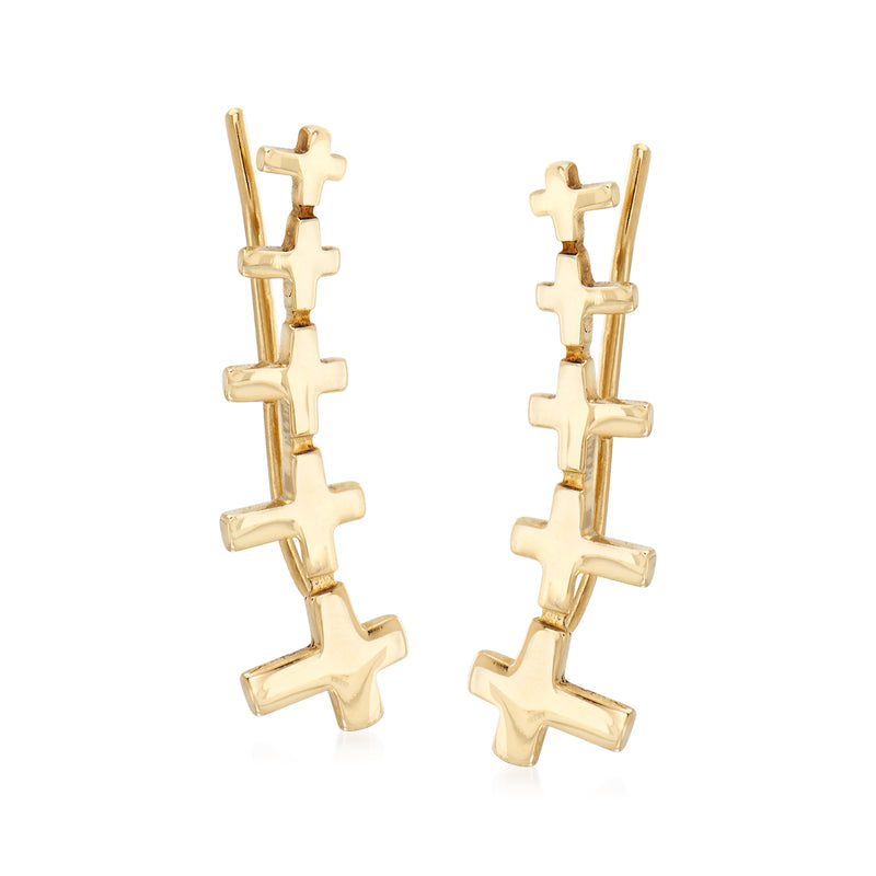 14kt yellow gold graduated cross ear climber earrings with stacked cross charms