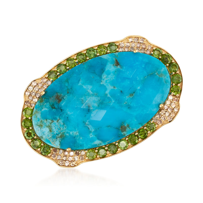 Gold oval turquoise gemstone pin with green stones and diamond accents bezel