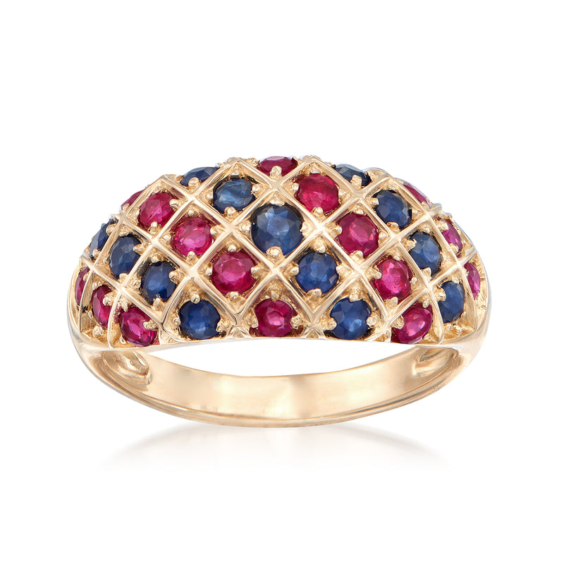 14kt yellow gold dome ring with blue sapphires and pink rubies