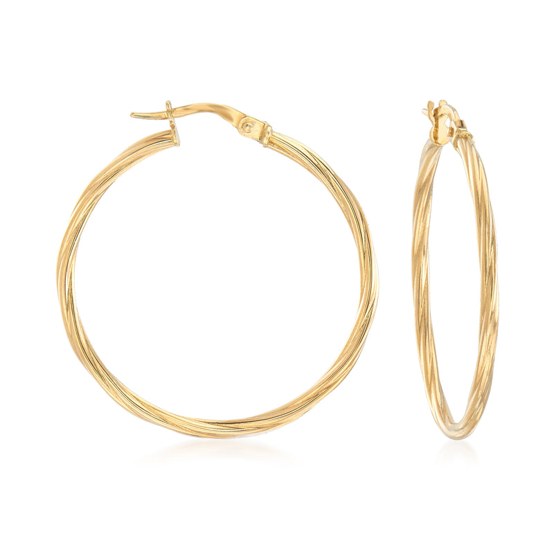18kt yellow gold twisted hoop earrings, hinged clasp, smooth rounded hoop
