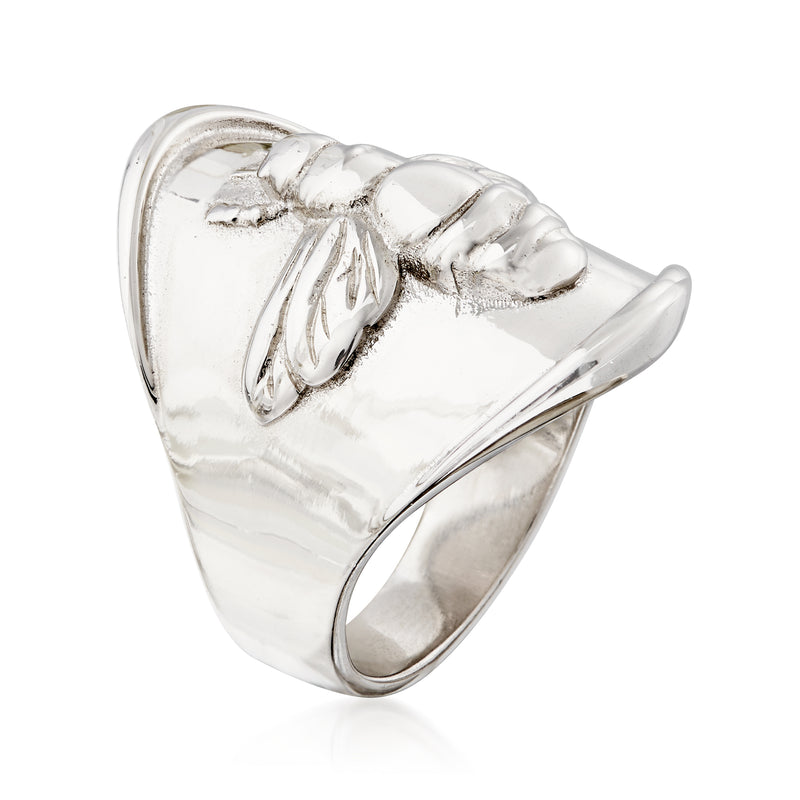 Sterling silver bumblebee motif ring with raised bee and wings, polished shine