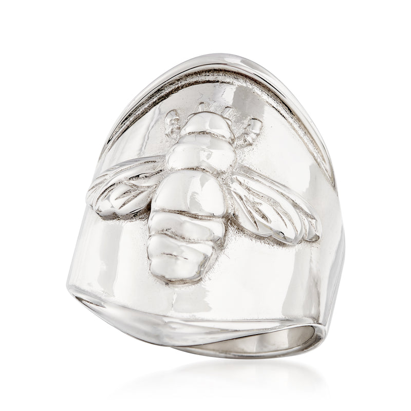 Sterling silver bumblebee signet-style ring with raised bee and wings on band