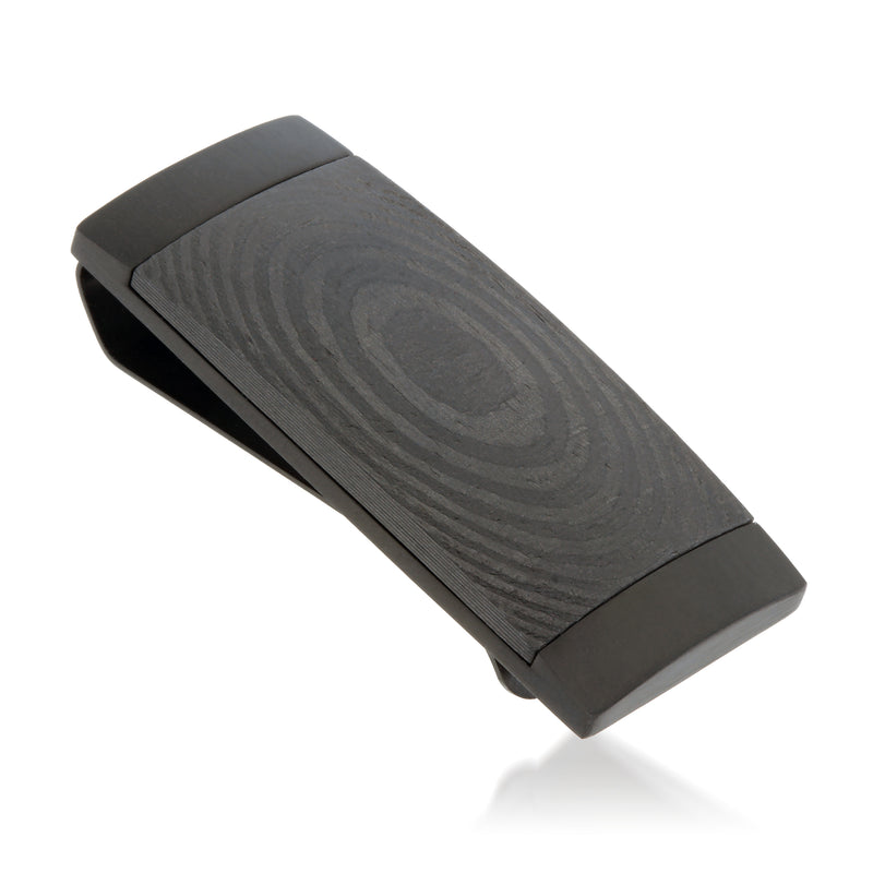Black money clip with carbon fiber front and slim stainless steel frame