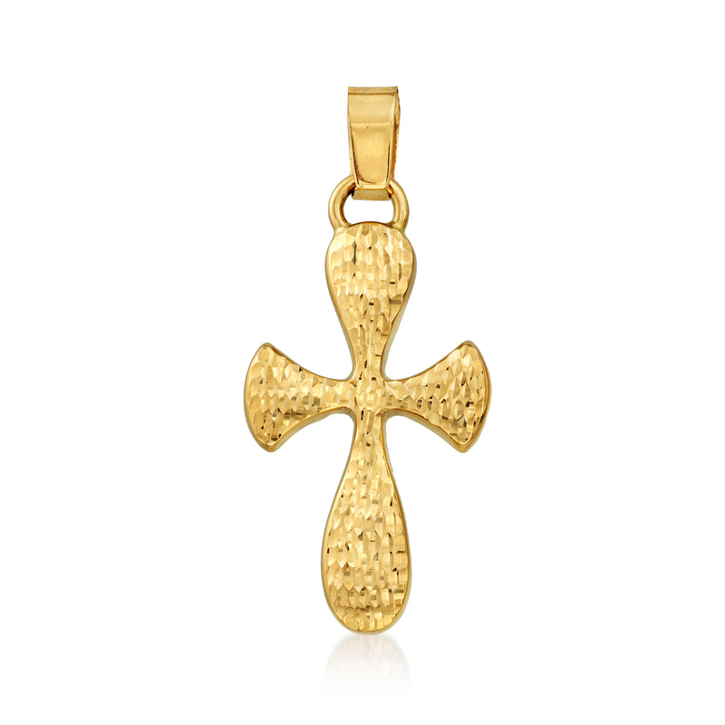 14kt yellow gold diamond-cut cross pendant with textured detailing and top bail loop