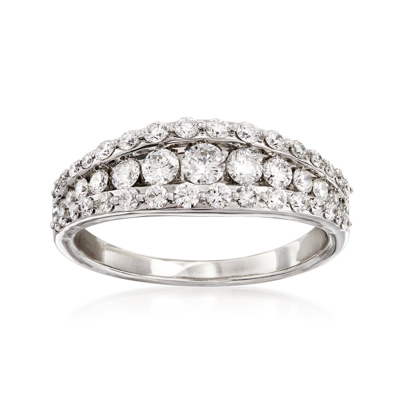 Three-row diamond ring in 14kt white gold with round stones across the band