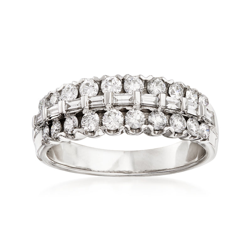 14kt white gold diamond ring with round and baguette stones, prong-set.
