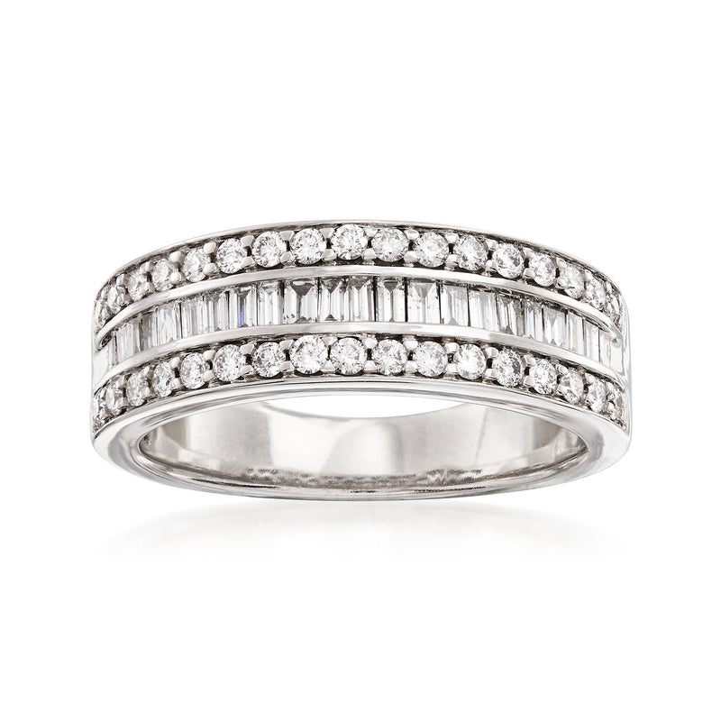 14kt white gold three-row diamond band ring with round and baguette stones