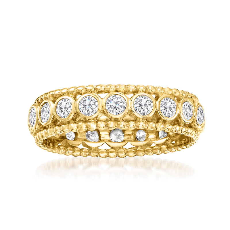 14kt yellow gold eternity band with bezel-set round diamonds, wide band style