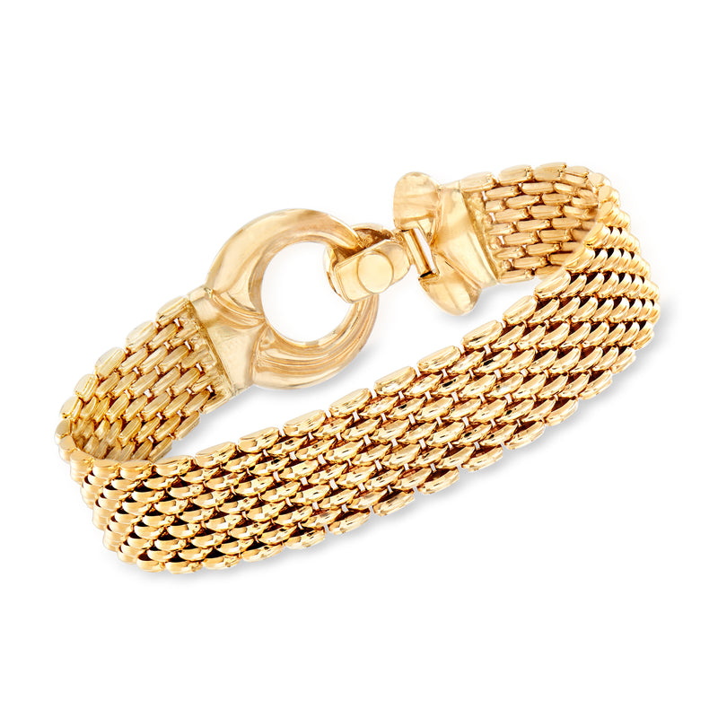 Wide yellow gold chain-link bracelet with braided mesh links and round clasp
