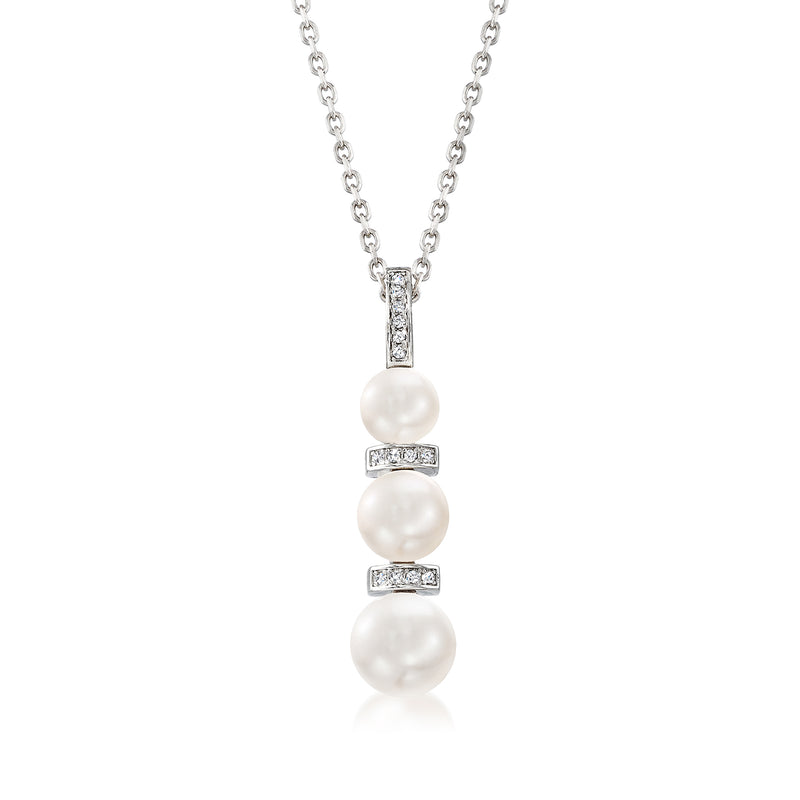 Sterling silver pendant necklace with three cultured pearls and diamond-accented settings