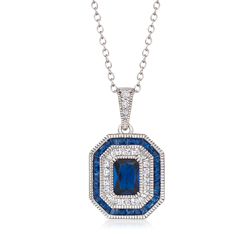 Sterling silver pendant necklace with square blue stone and CZ halo, link chain