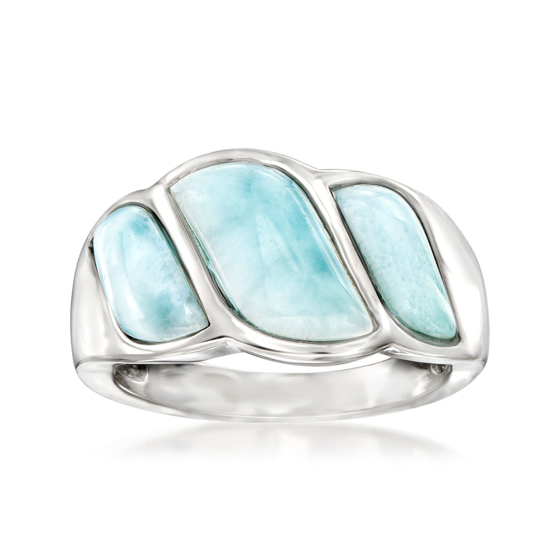 Sterling silver wave ring with three light blue Larimar cabochons