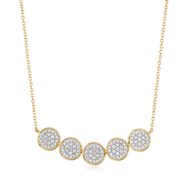 14kt yellow gold pave diamond disc necklace with five round bezel-set circles