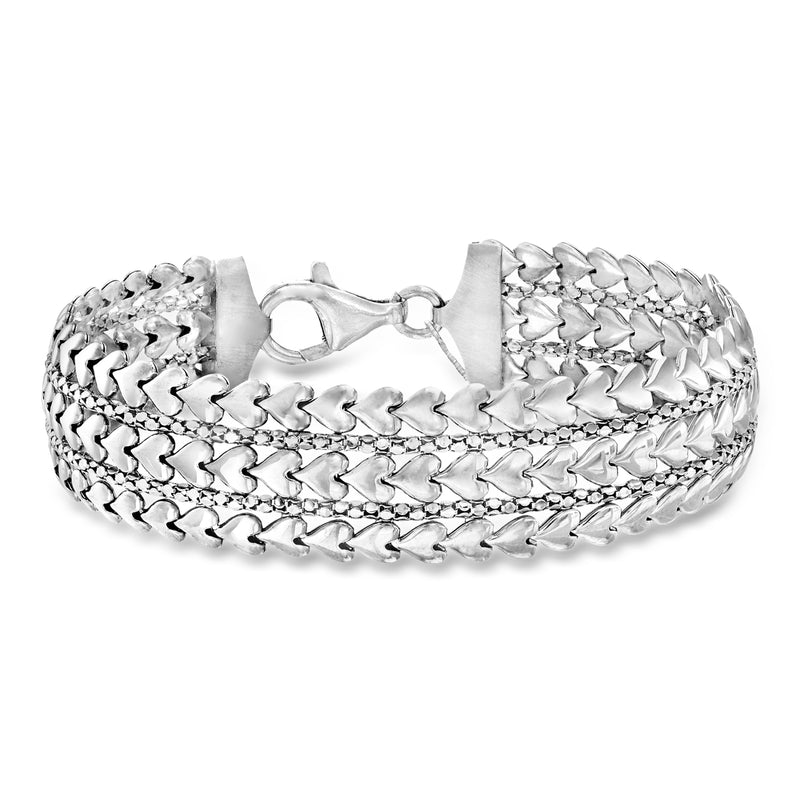 Italian sterling silver multi-row heart bracelet with secure clasp