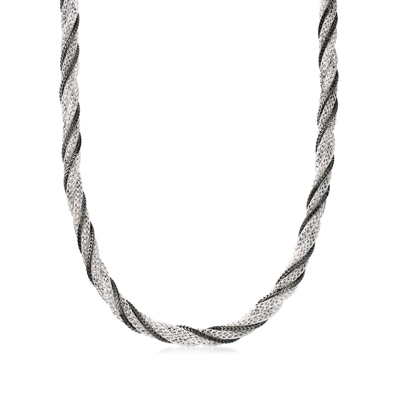 Sterling silver twisted mesh foxtail-link necklace, black rhodium finish