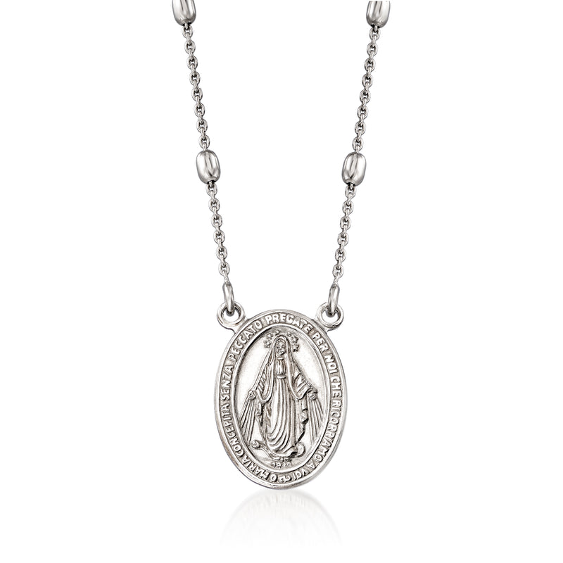 Italian sterling silver miraculous medal station necklace with oval pendant and link chain
