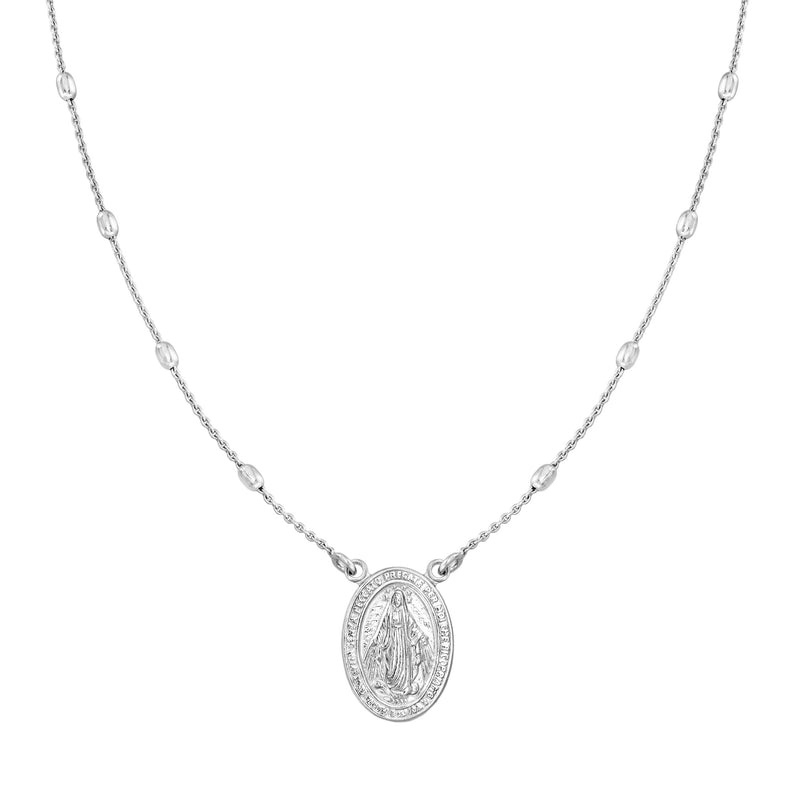 Sterling silver beaded station necklace with oval miraculous medal charm on chain