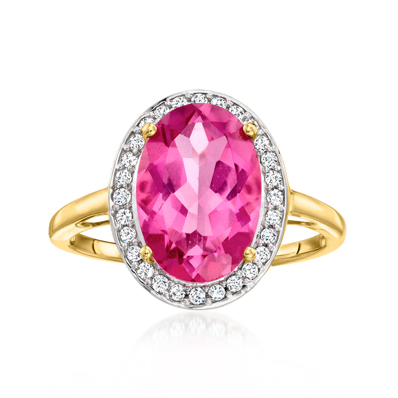 14kt yellow gold oval pink topaz halo ring with diamond side stones