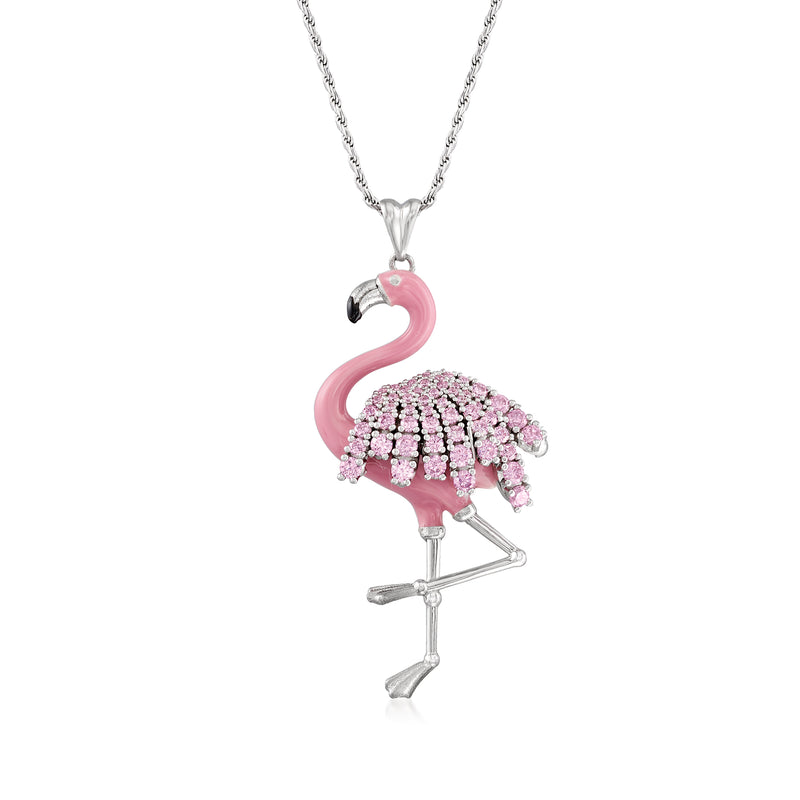 Sterling silver flamingo pendant necklace with pink enamel and pink CZ crystals