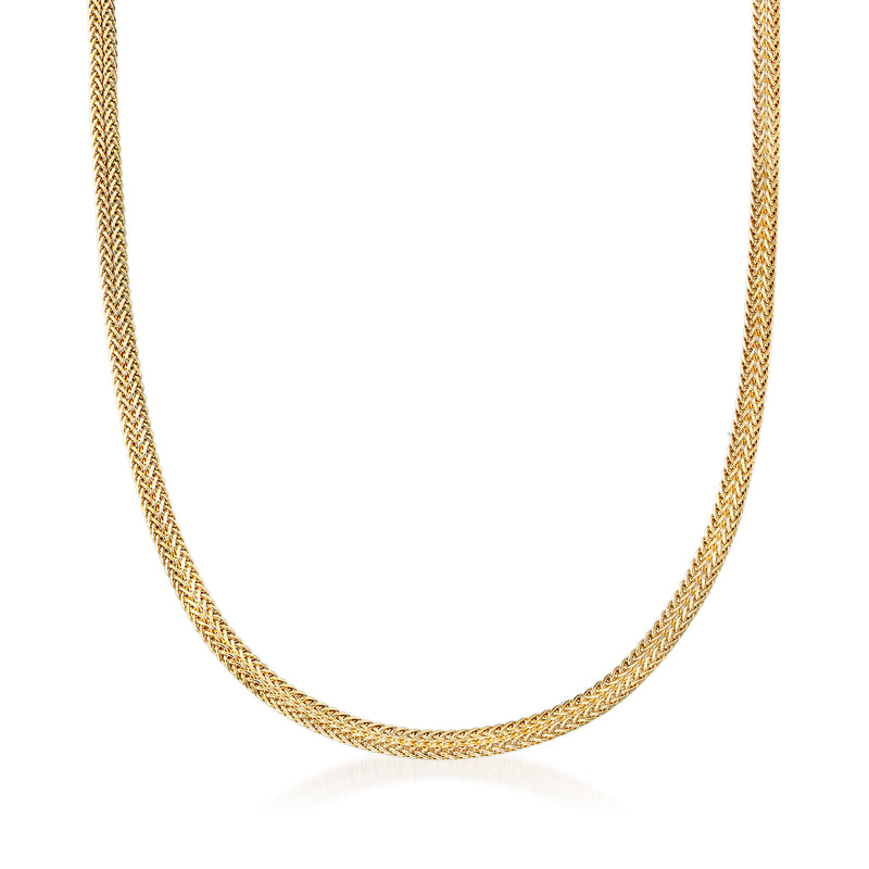 14kt yellow gold double flat wheat chain necklace with polished link detail.