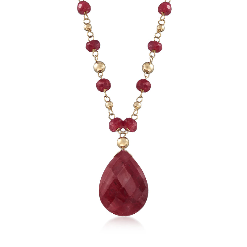 14kt yellow gold ruby station necklace with round red gems and teardrop pendant