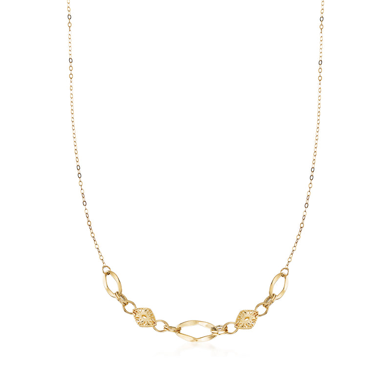 Yellow gold diamond-cut multi-link necklace with oval and round links