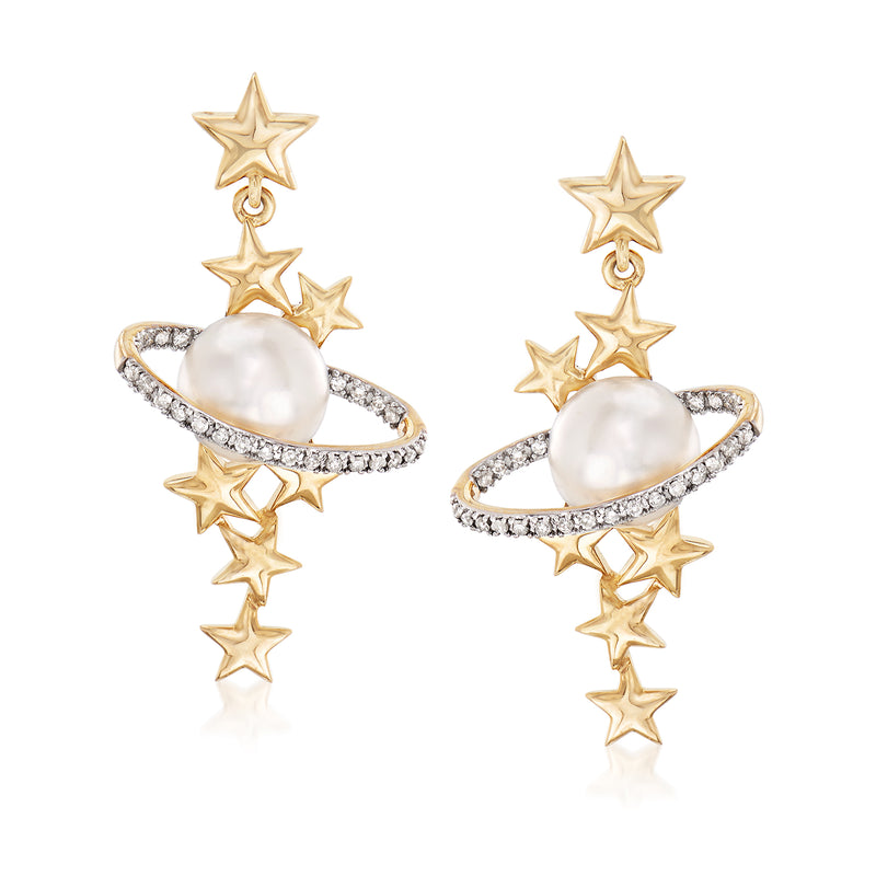 14kt yellow gold drop earrings with pearl, diamond pave ring, and star charms