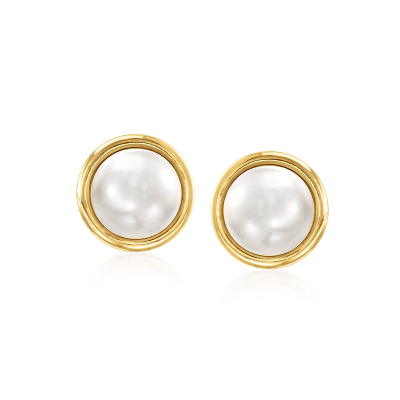 Yellow gold bezel-set cultured pearl stud earrings