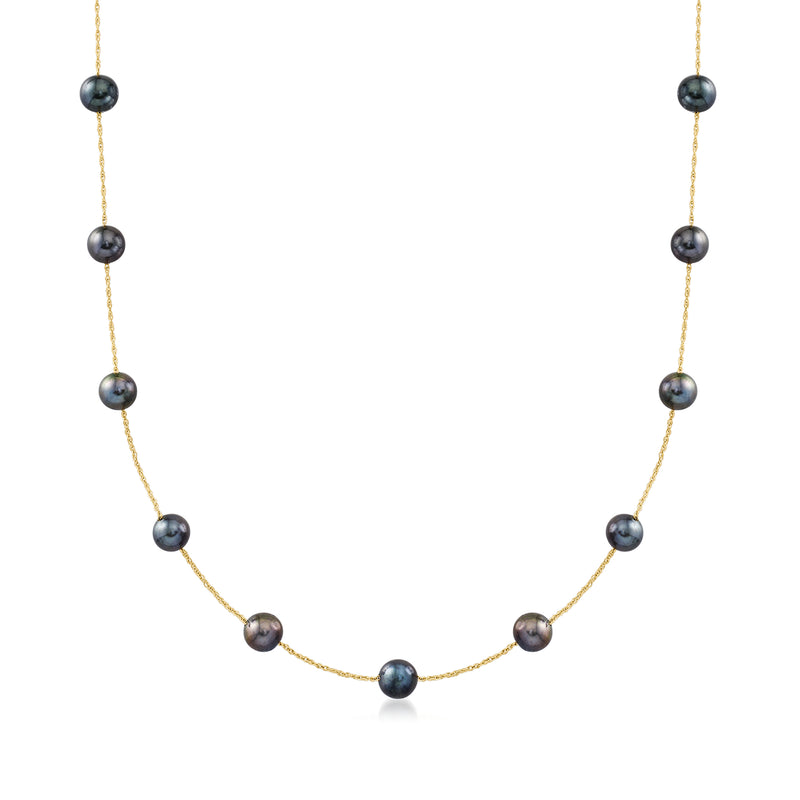 Black cultured pearl station necklace, round dark pearls on 14kt yellow gold chain