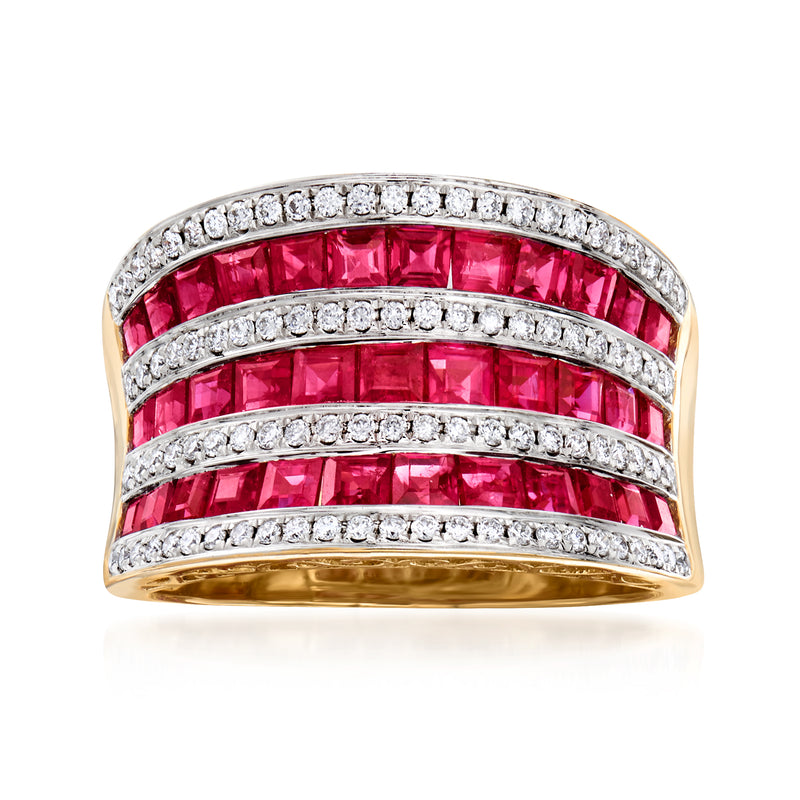 Multi-row ruby and diamond ring in 18k yellow gold with three red gemstone rows