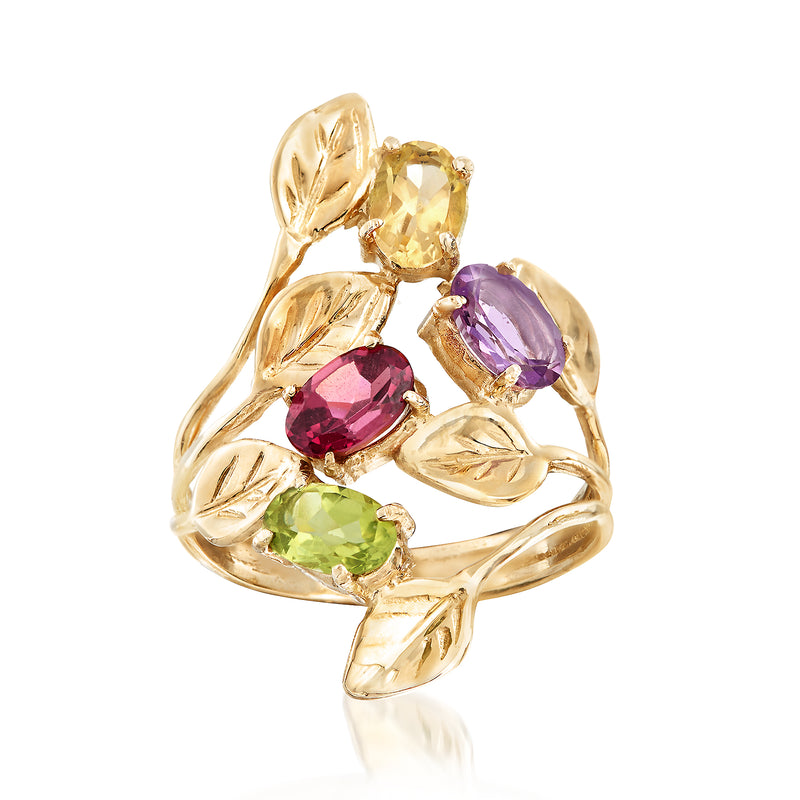 14kt yellow gold leaf bypass ring with oval purple, pink, green and yellow gemstones